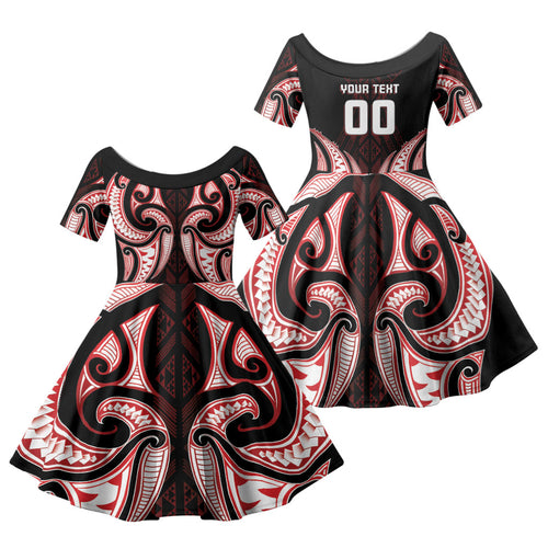 Maori Rugby Custom Ngaru Mangopare Family Matching Puletasi and Hawaiian Shirt Black Red Whetu Niho Taniwha Motif