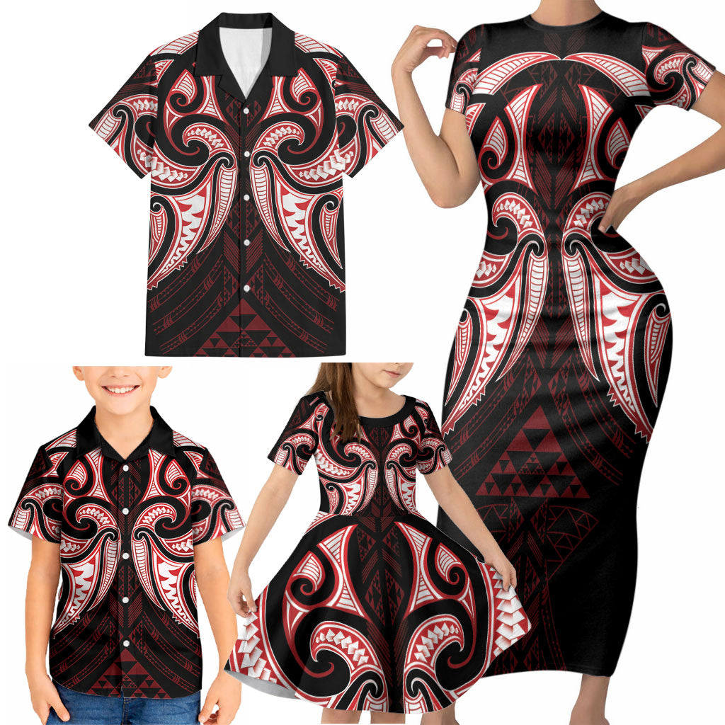 Maori Rugby Custom Ngaru Mangopare Family Matching Short Sleeve Bodycon Dress and Hawaiian Shirt Black Red Whetu Niho Taniwha Motif