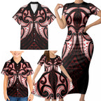 Maori Rugby Custom Ngaru Mangopare Family Matching Short Sleeve Bodycon Dress and Hawaiian Shirt Black Red Whetu Niho Taniwha Motif