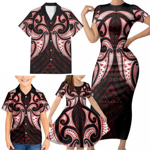 Maori Rugby Custom Ngaru Mangopare Family Matching Short Sleeve Bodycon Dress and Hawaiian Shirt Black Red Whetu Niho Taniwha Motif