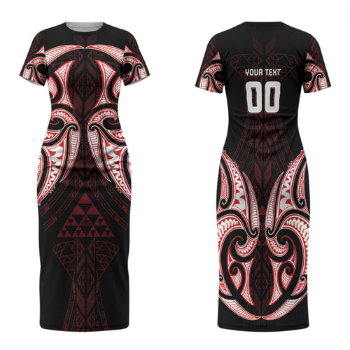 Maori Rugby Custom Ngaru Mangopare Family Matching Short Sleeve Bodycon Dress and Hawaiian Shirt Black Red Whetu Niho Taniwha Motif