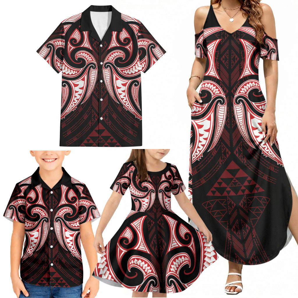 Maori Rugby Custom Ngaru Mangopare Family Matching Summer Maxi Dress and Hawaiian Shirt Black Red Whetu Niho Taniwha Motif