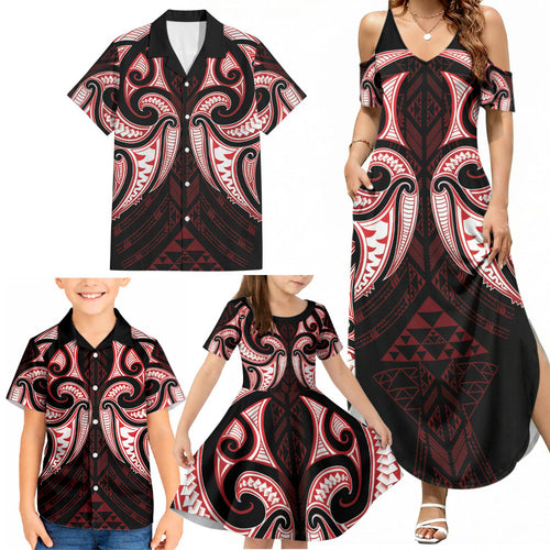 Maori Rugby Custom Ngaru Mangopare Family Matching Summer Maxi Dress and Hawaiian Shirt Black Red Whetu Niho Taniwha Motif