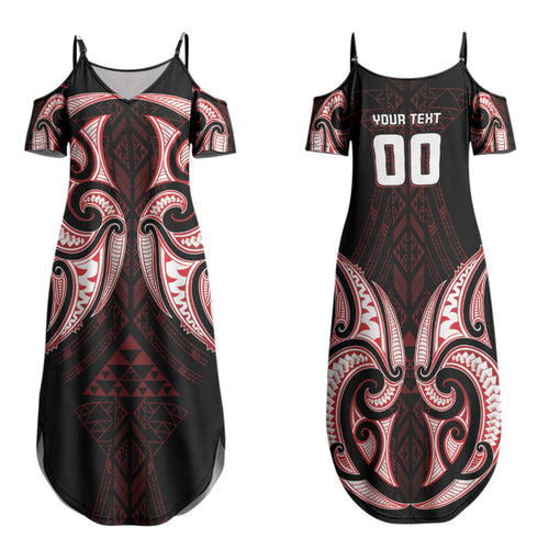 Maori Rugby Custom Ngaru Mangopare Family Matching Summer Maxi Dress and Hawaiian Shirt Black Red Whetu Niho Taniwha Motif