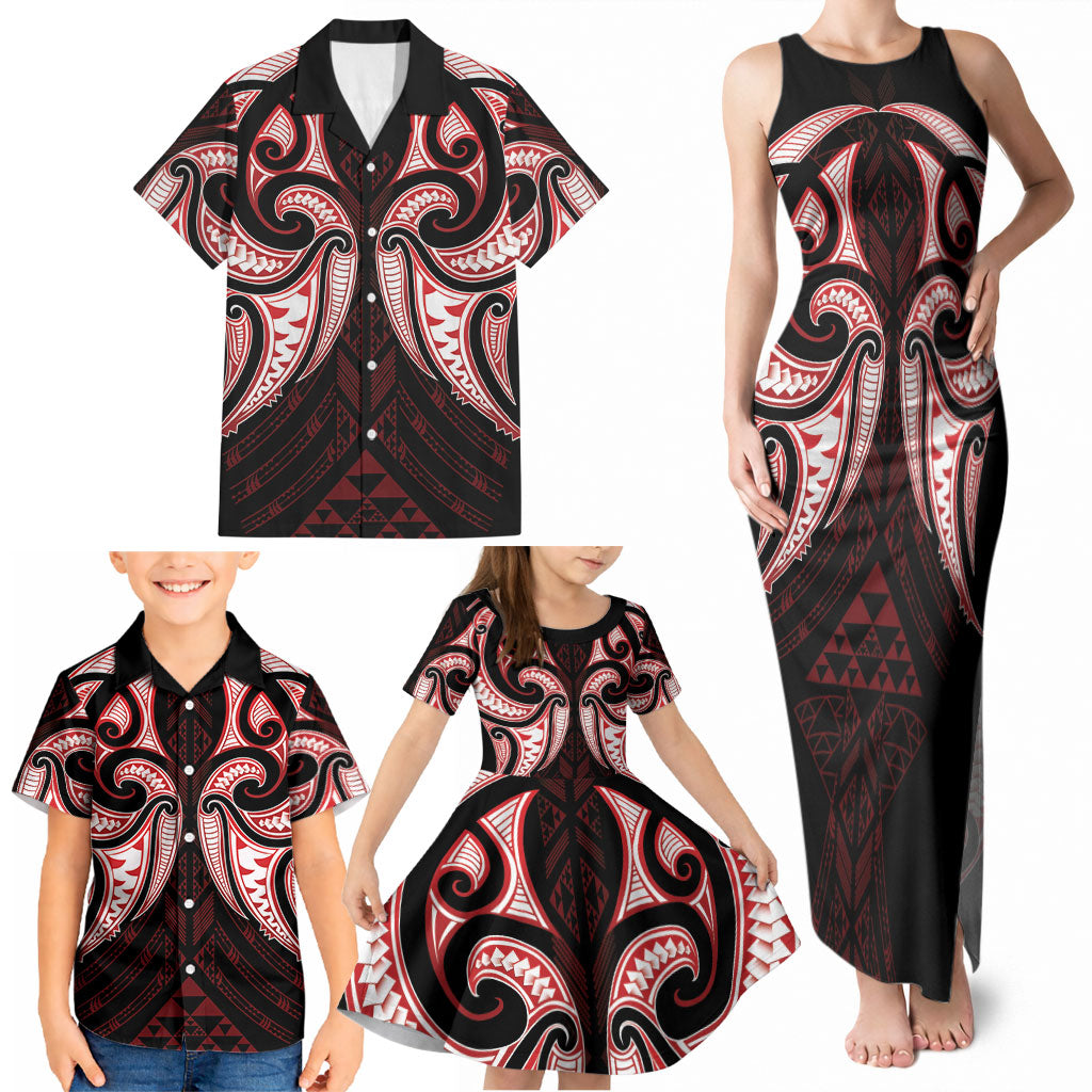 Maori Rugby Custom Ngaru Mangopare Family Matching Tank Maxi Dress and Hawaiian Shirt Black Red Whetu Niho Taniwha Motif