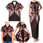 Maori Rugby Custom Ngaru Mangopare Family Matching Tank Maxi Dress and Hawaiian Shirt Black Red Whetu Niho Taniwha Motif