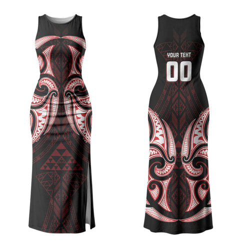 Maori Rugby Custom Ngaru Mangopare Family Matching Tank Maxi Dress and Hawaiian Shirt Black Red Whetu Niho Taniwha Motif