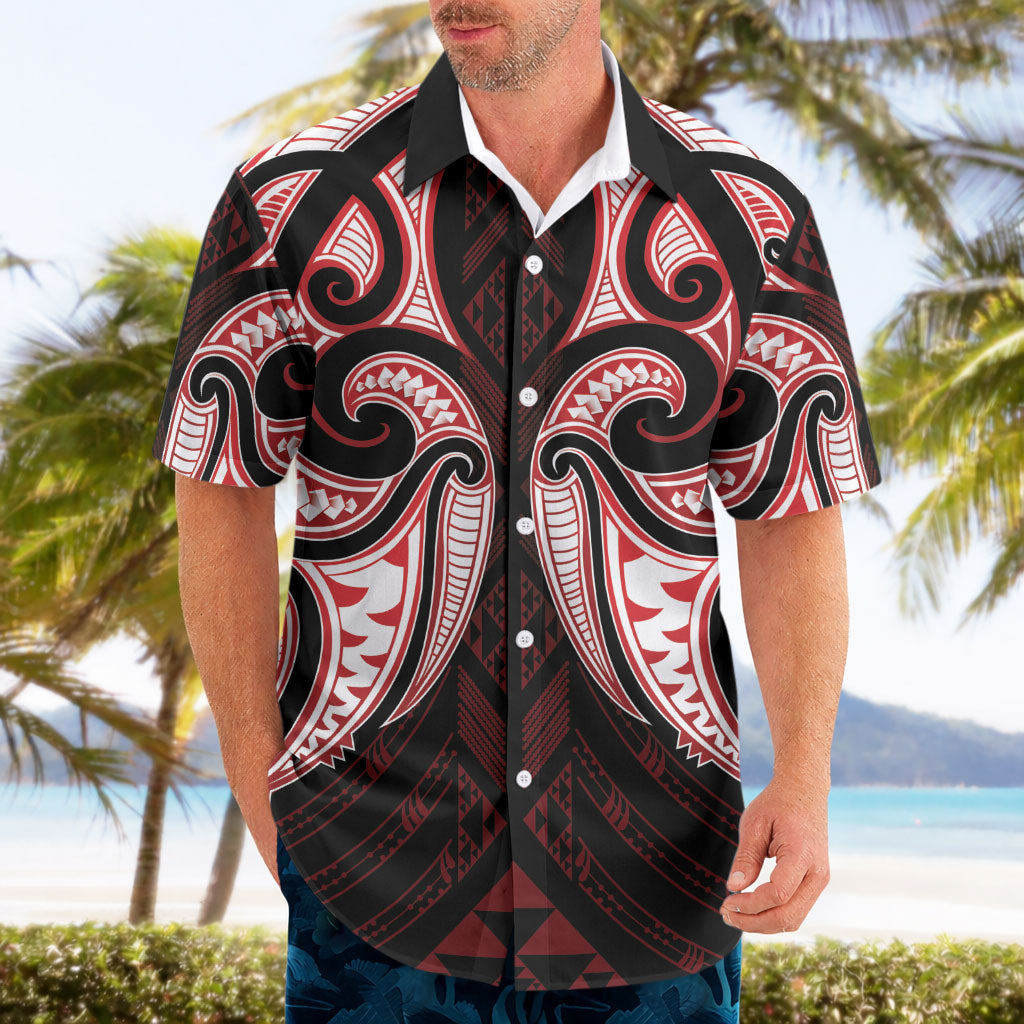 Maori Rugby Custom Ngaru Mangopare Hawaiian Shirt Black Red Whetu Niho Taniwha Motif