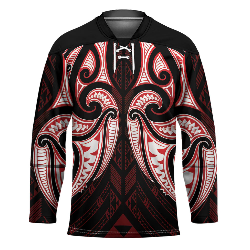 Maori Rugby Custom Ngaru Mangopare Hockey Jersey Black Red Whetu Niho Taniwha Motif