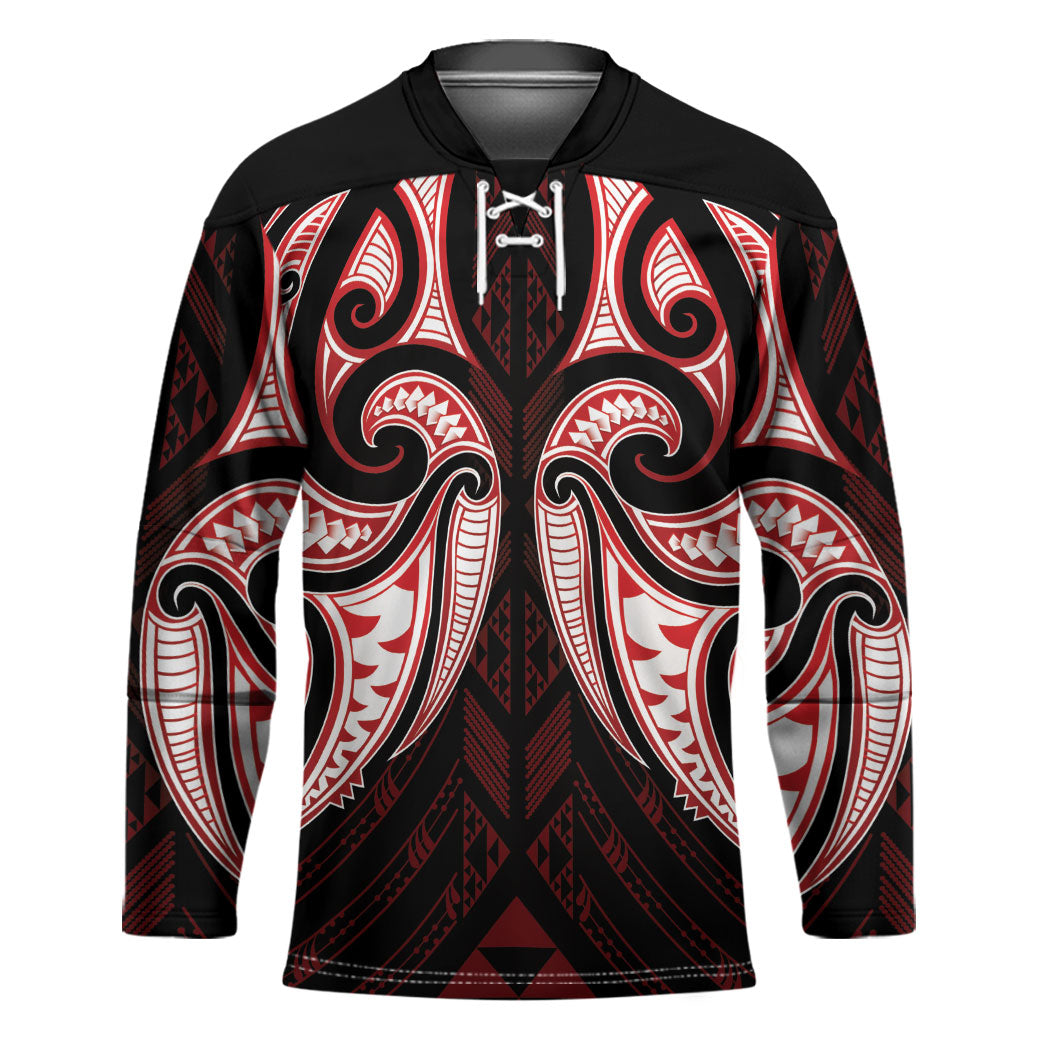 Maori Rugby Custom Ngaru Mangopare Hockey Jersey Black Red Whetu Niho Taniwha Motif