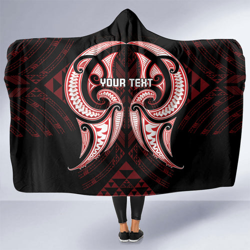 Maori Rugby Custom Ngaru Mangopare Hooded Blanket Black Red Whetu Niho Taniwha Motif