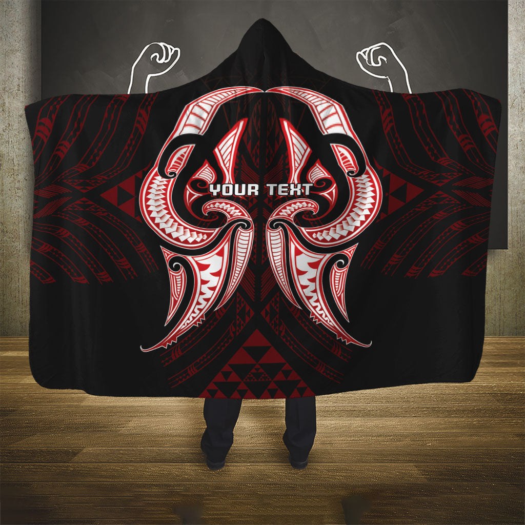 Maori Rugby Custom Ngaru Mangopare Hooded Blanket Black Red Whetu Niho Taniwha Motif
