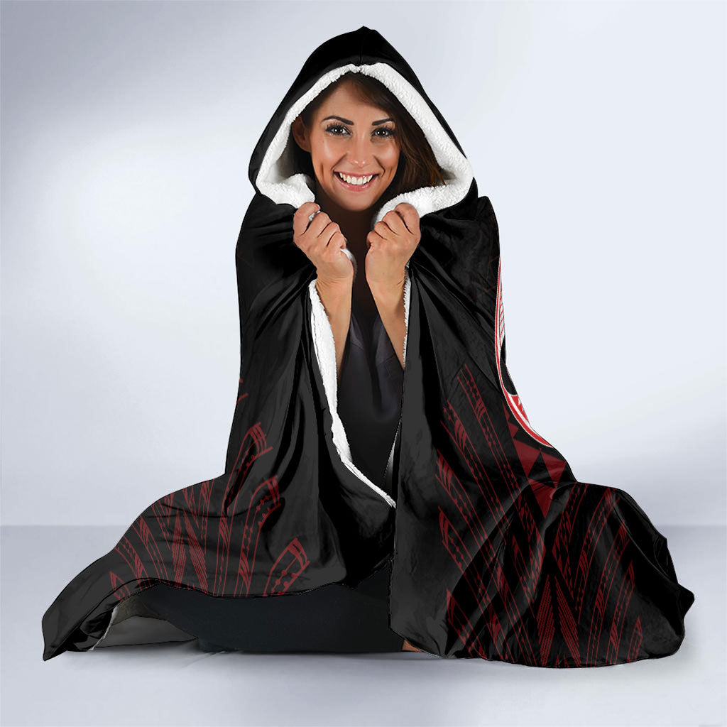 Maori Rugby Custom Ngaru Mangopare Hooded Blanket Black Red Whetu Niho Taniwha Motif