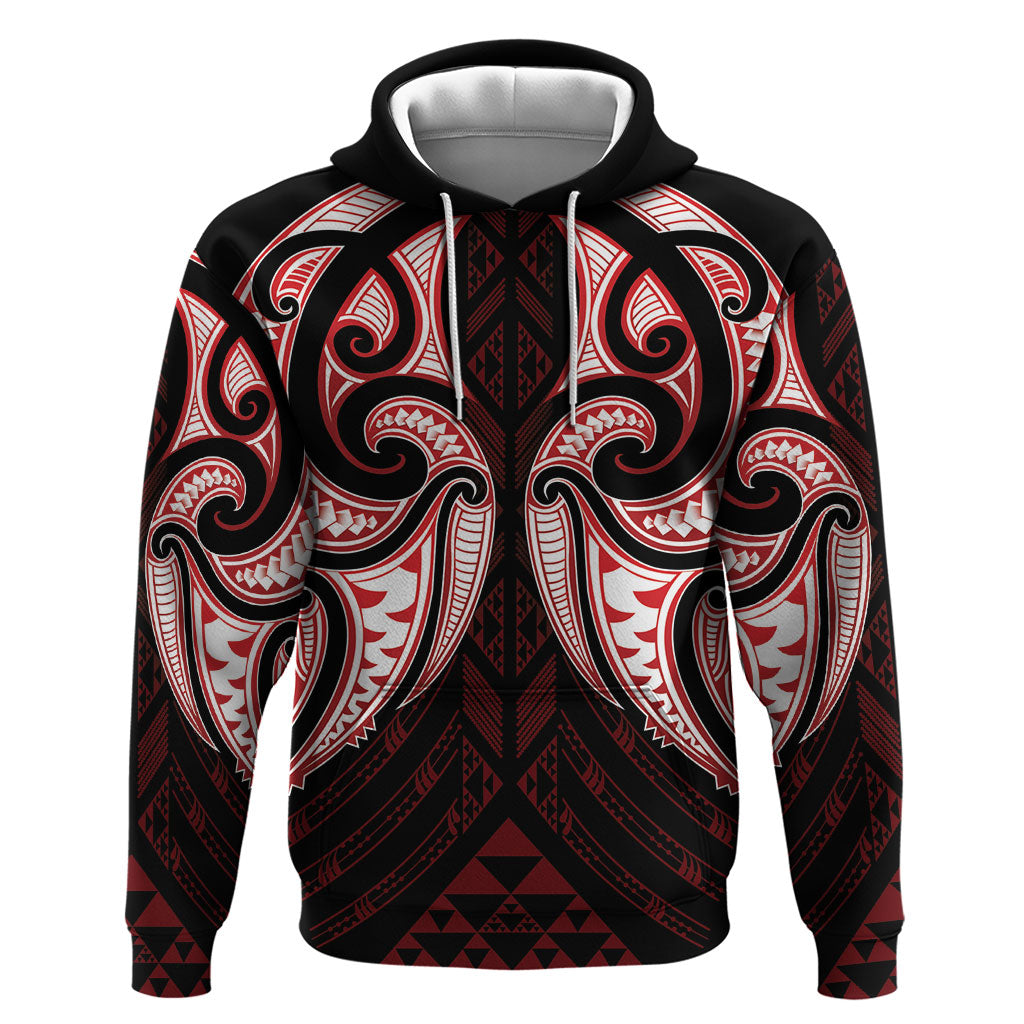 Maori Rugby Custom Ngaru Mangopare Hoodie Black Red Whetu Niho Taniwha Motif