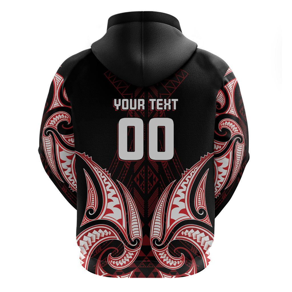 Maori Rugby Custom Ngaru Mangopare Hoodie Black Red Whetu Niho Taniwha Motif