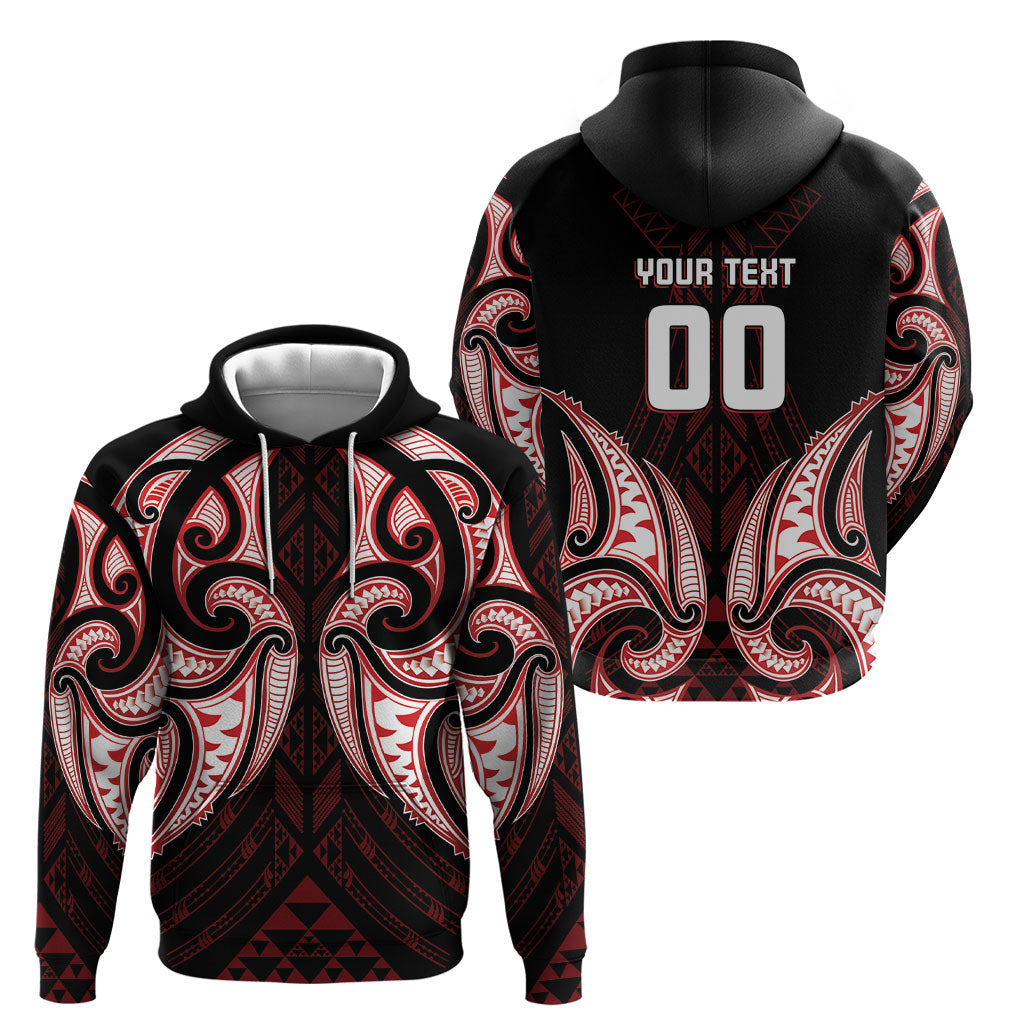 Maori Rugby Custom Ngaru Mangopare Hoodie Black Red Whetu Niho Taniwha Motif