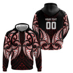 Maori Rugby Custom Ngaru Mangopare Hoodie Black Red Whetu Niho Taniwha Motif