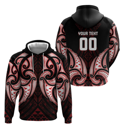 Maori Rugby Custom Ngaru Mangopare Hoodie Black Red Whetu Niho Taniwha Motif
