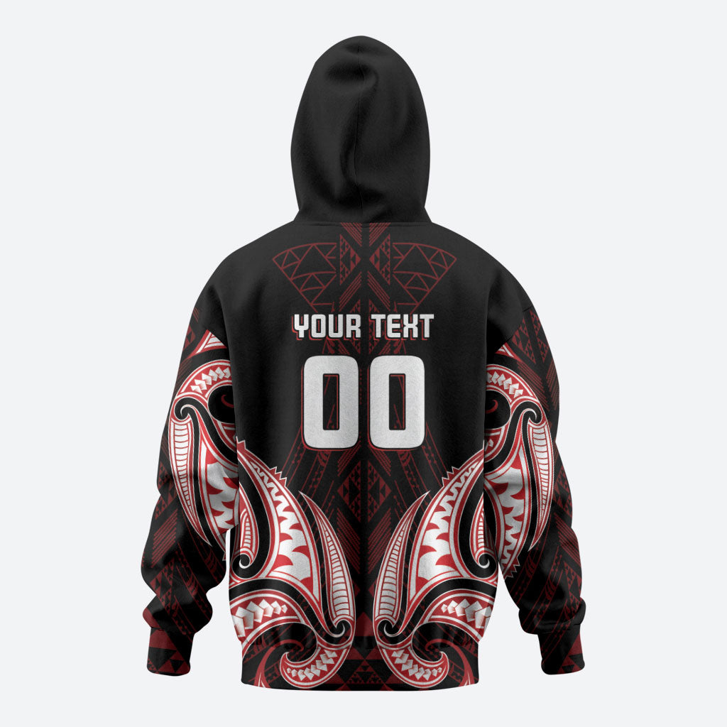 Maori Rugby Custom Ngaru Mangopare Hoodie Black Red Whetu Niho Taniwha Motif