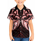 Maori Rugby Custom Ngaru Mangopare Kid Hawaiian Shirt Black Red Whetu Niho Taniwha Motif