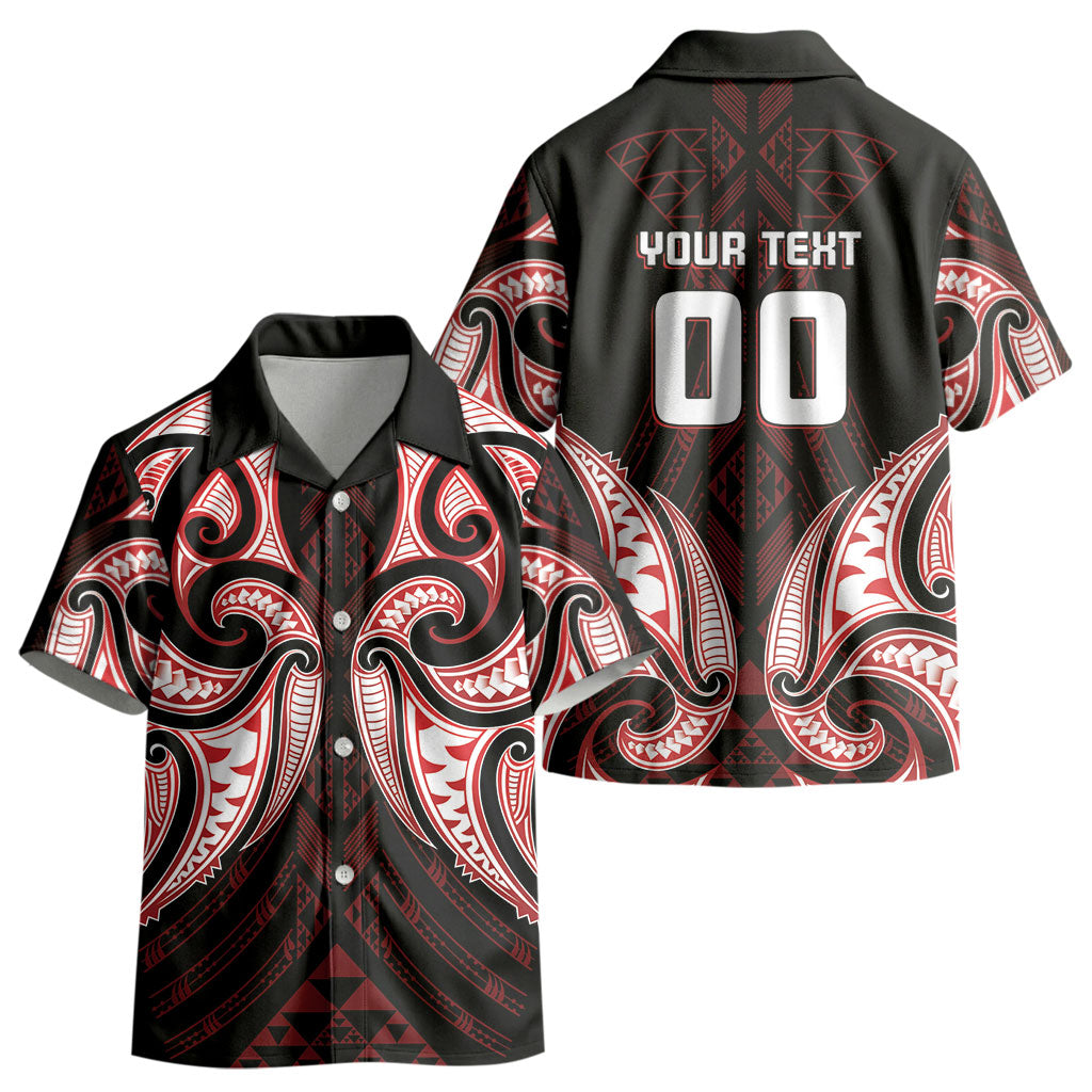 Maori Rugby Custom Ngaru Mangopare Kid Hawaiian Shirt Black Red Whetu Niho Taniwha Motif