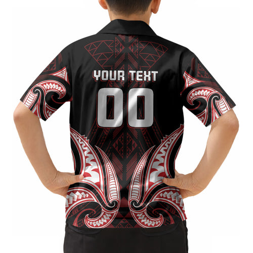 Maori Rugby Custom Ngaru Mangopare Kid Hawaiian Shirt Black Red Whetu Niho Taniwha Motif