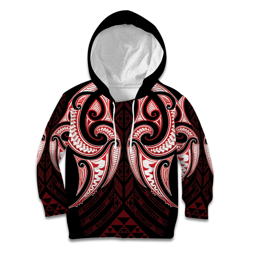 Maori Rugby Custom Ngaru Mangopare Kid Hoodie Black Red Whetu Niho Taniwha Motif