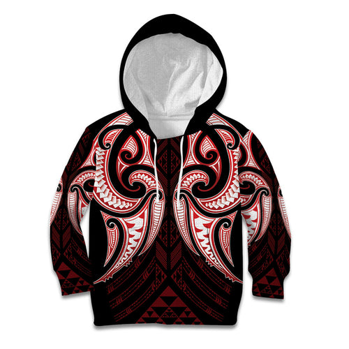 Maori Rugby Custom Ngaru Mangopare Kid Hoodie Black Red Whetu Niho Taniwha Motif