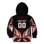 Maori Rugby Custom Ngaru Mangopare Kid Hoodie Black Red Whetu Niho Taniwha Motif