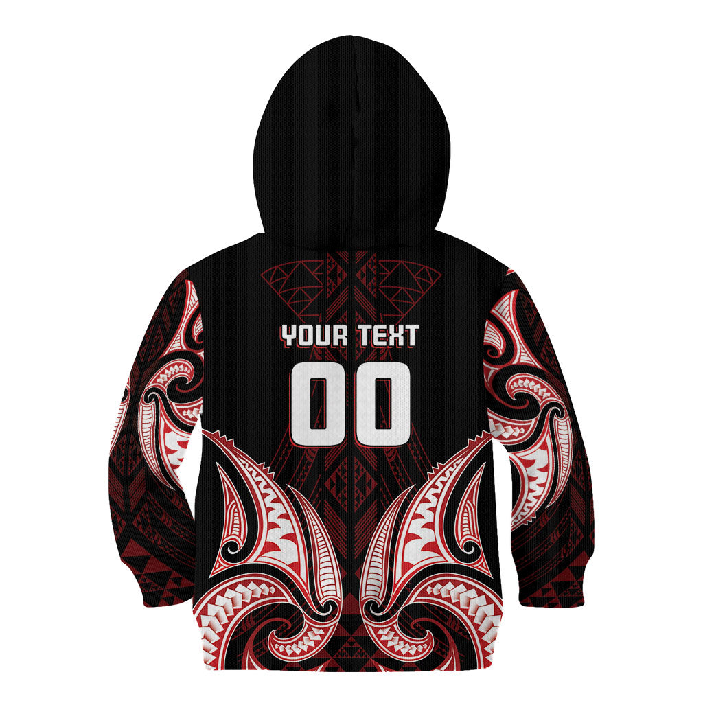 Maori Rugby Custom Ngaru Mangopare Kid Hoodie Black Red Whetu Niho Taniwha Motif