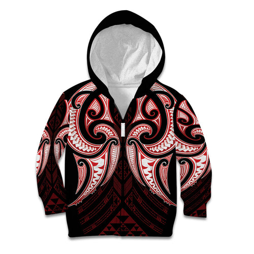 Maori Rugby Custom Ngaru Mangopare Kid Hoodie Black Red Whetu Niho Taniwha Motif