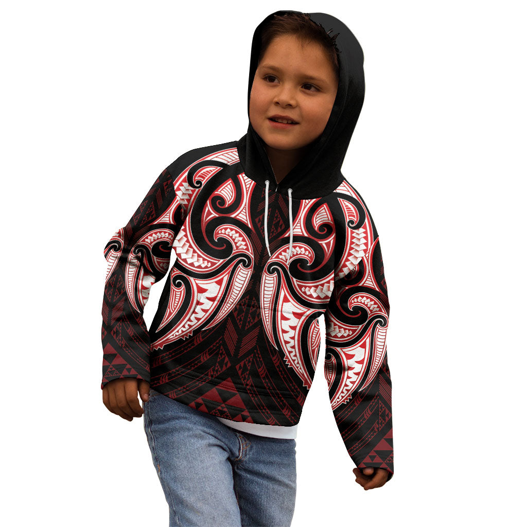 Maori Rugby Custom Ngaru Mangopare Kid Hoodie Black Red Whetu Niho Taniwha Motif