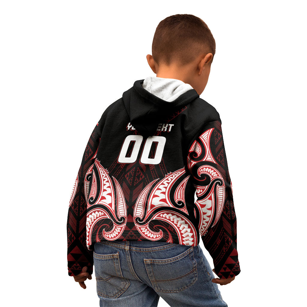 Maori Rugby Custom Ngaru Mangopare Kid Hoodie Black Red Whetu Niho Taniwha Motif