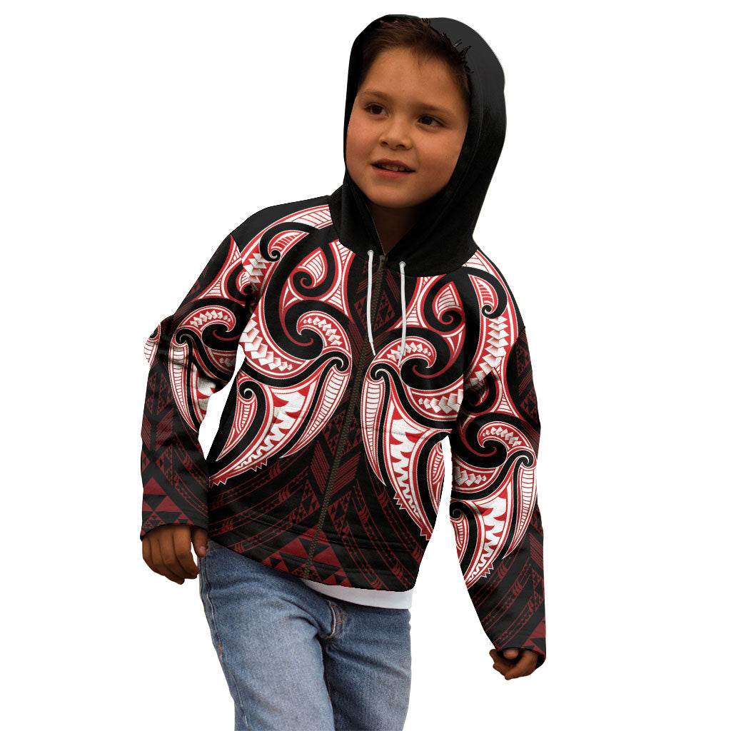 Maori Rugby Custom Ngaru Mangopare Kid Hoodie Black Red Whetu Niho Taniwha Motif