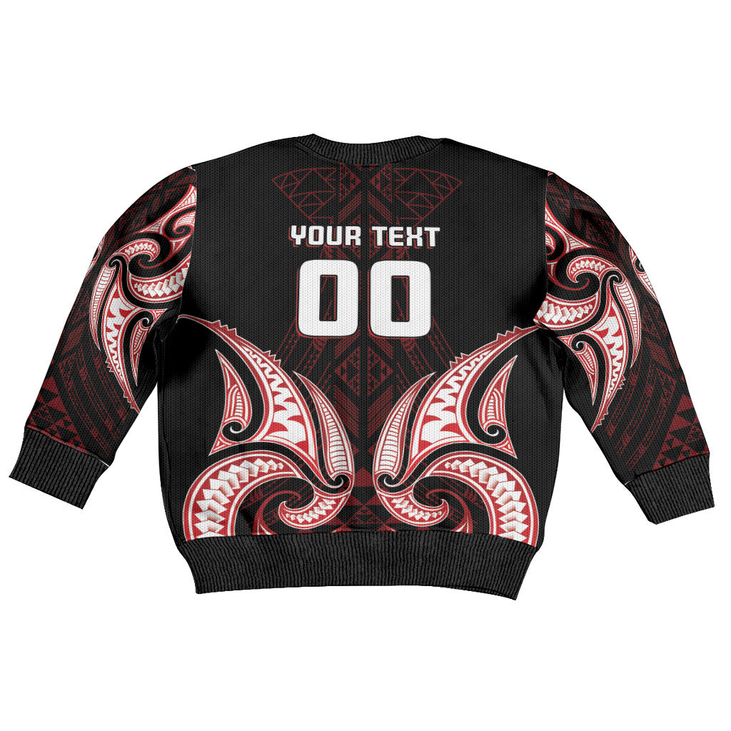 Maori Rugby Custom Ngaru Mangopare Kid Ugly Christmas Sweater Black Red Whetu Niho Taniwha Motif