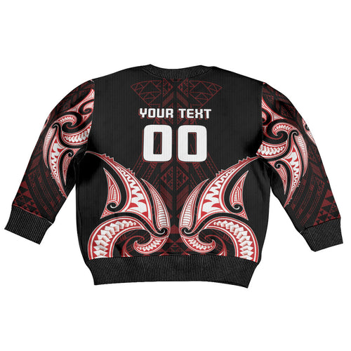 Maori Rugby Custom Ngaru Mangopare Kid Ugly Christmas Sweater Black Red Whetu Niho Taniwha Motif