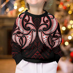 Maori Rugby Custom Ngaru Mangopare Kid Ugly Christmas Sweater Black Red Whetu Niho Taniwha Motif