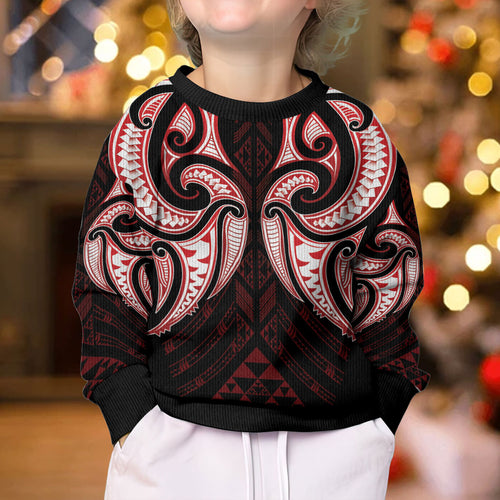 Maori Rugby Custom Ngaru Mangopare Kid Ugly Christmas Sweater Black Red Whetu Niho Taniwha Motif
