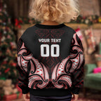 Maori Rugby Custom Ngaru Mangopare Kid Ugly Christmas Sweater Black Red Whetu Niho Taniwha Motif