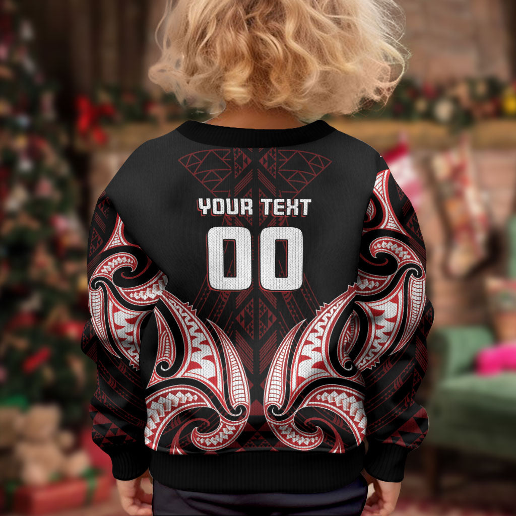 Maori Rugby Custom Ngaru Mangopare Kid Ugly Christmas Sweater Black Red Whetu Niho Taniwha Motif