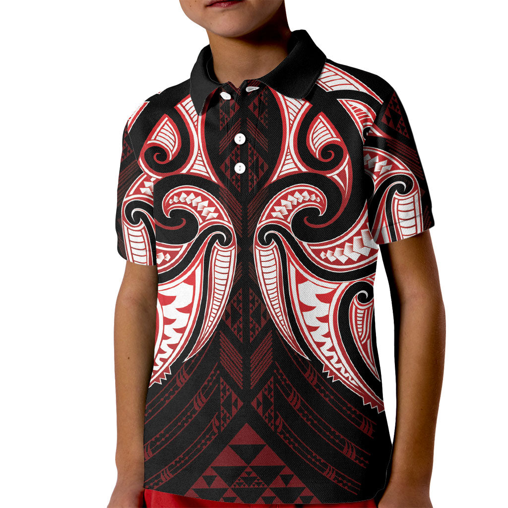 Maori Rugby Custom Ngaru Mangopare Kid Polo Shirt Black Red Whetu Niho Taniwha Motif
