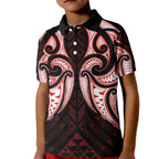 Maori Rugby Custom Ngaru Mangopare Kid Polo Shirt Black Red Whetu Niho Taniwha Motif