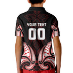 Maori Rugby Custom Ngaru Mangopare Kid Polo Shirt Black Red Whetu Niho Taniwha Motif