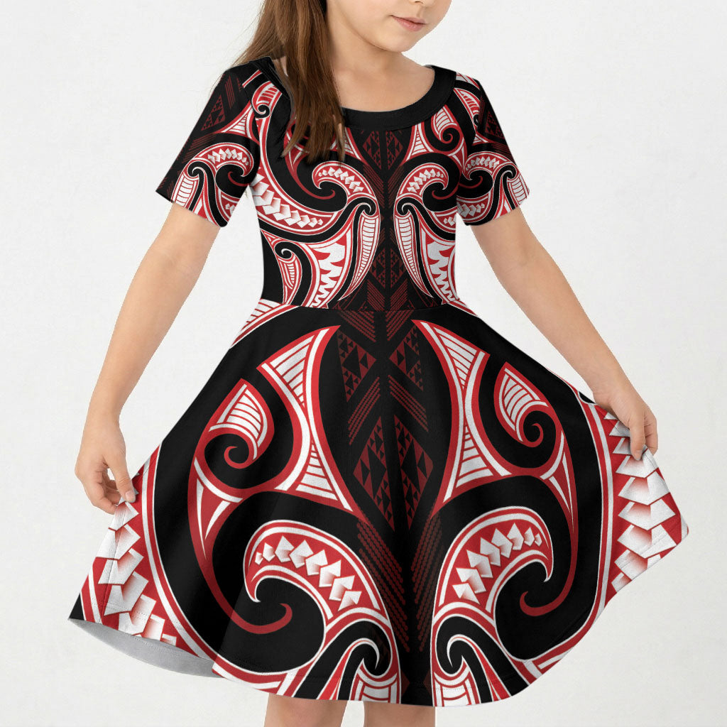Maori Rugby Custom Ngaru Mangopare Kid Short Sleeve Dress Black Red Whetu Niho Taniwha Motif