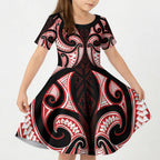 Maori Rugby Custom Ngaru Mangopare Kid Short Sleeve Dress Black Red Whetu Niho Taniwha Motif