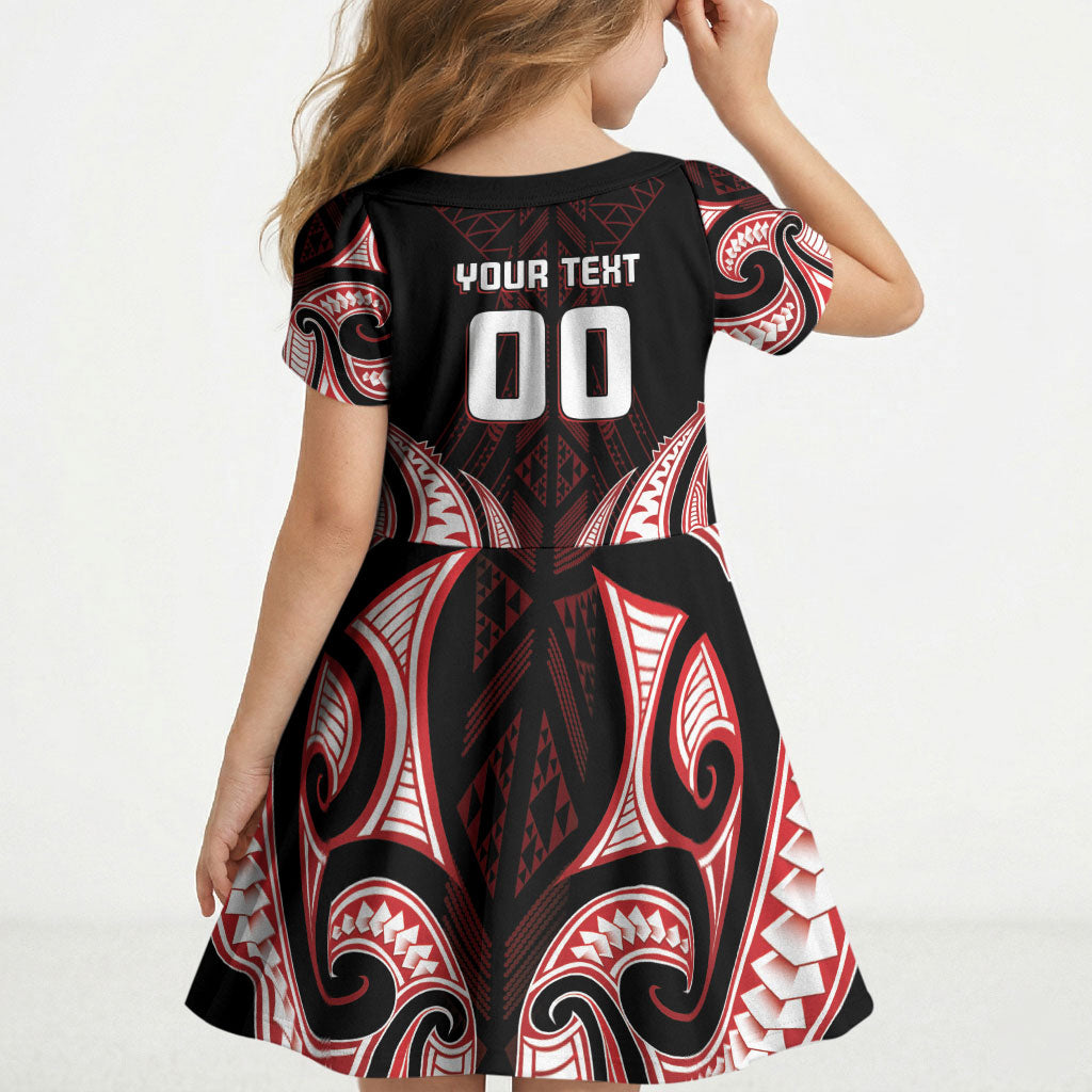 Maori Rugby Custom Ngaru Mangopare Kid Short Sleeve Dress Black Red Whetu Niho Taniwha Motif