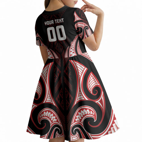 Maori Rugby Custom Ngaru Mangopare Kid Short Sleeve Dress Black Red Whetu Niho Taniwha Motif