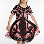 Maori Rugby Custom Ngaru Mangopare Kid Short Sleeve Dress Black Red Whetu Niho Taniwha Motif