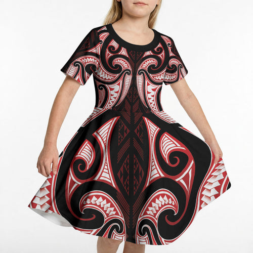 Maori Rugby Custom Ngaru Mangopare Kid Short Sleeve Dress Black Red Whetu Niho Taniwha Motif