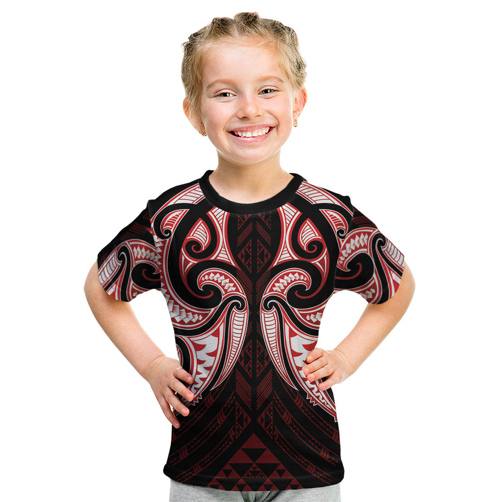 Maori Rugby Custom Ngaru Mangopare Kid T Shirt Black Red Whetu Niho Taniwha Motif